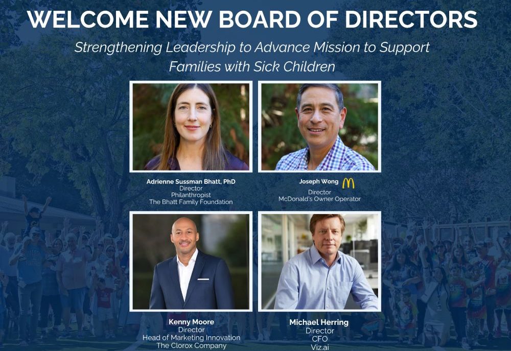 Photograph collage introducing new board of directors for Ronald McDonald House Charities Bay Area, featuring four individual portraits with names and titles below each. The layout includes a headline, tagline emphasizing leadership and mission support, and charity logo with a group of people in the background.