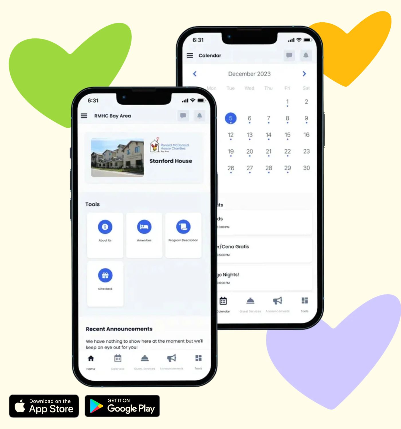 Ronald McDonald House Bay Area App. There are decorative hearts in the background.